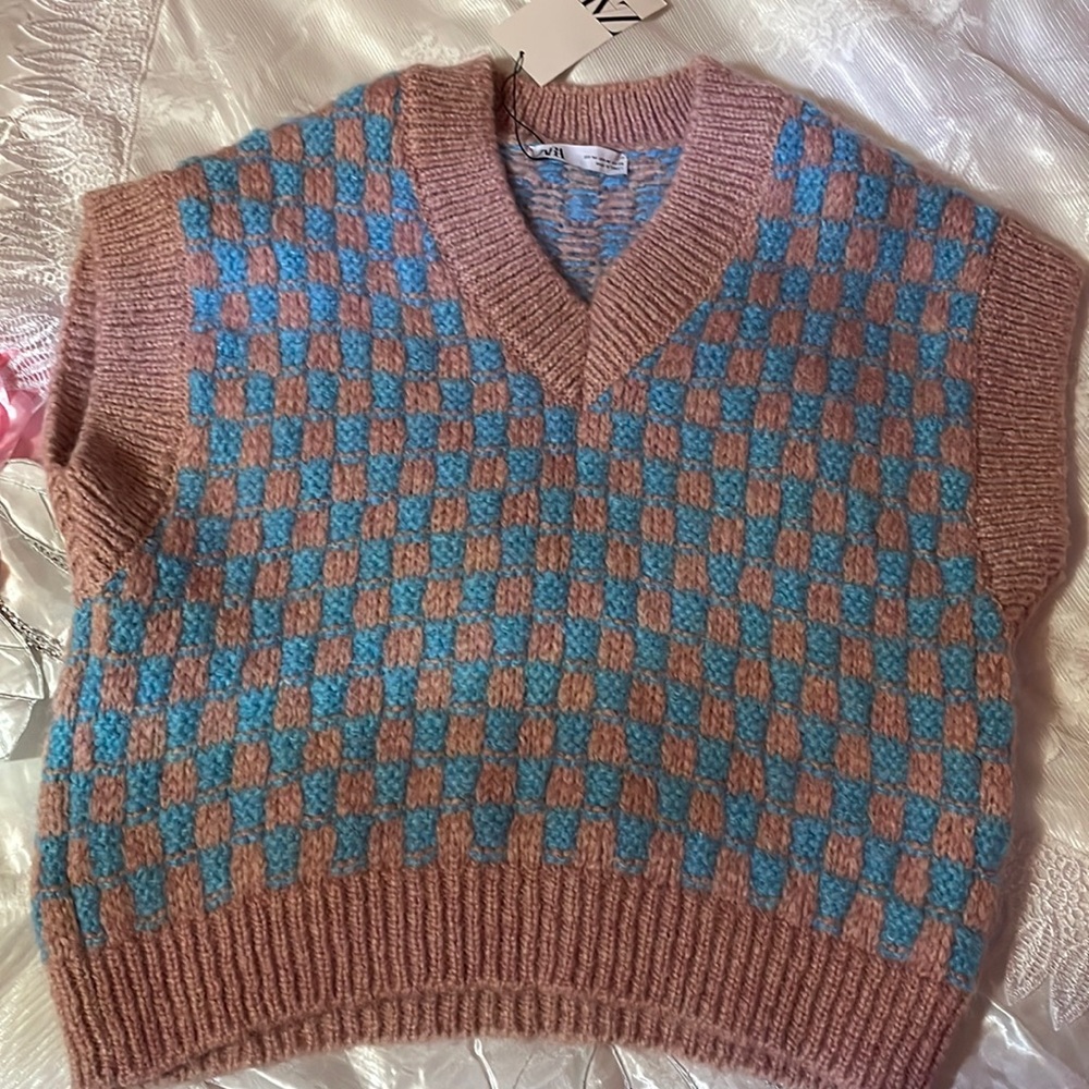 NWT, ZARA, Blue And Pink, Checkered Vest